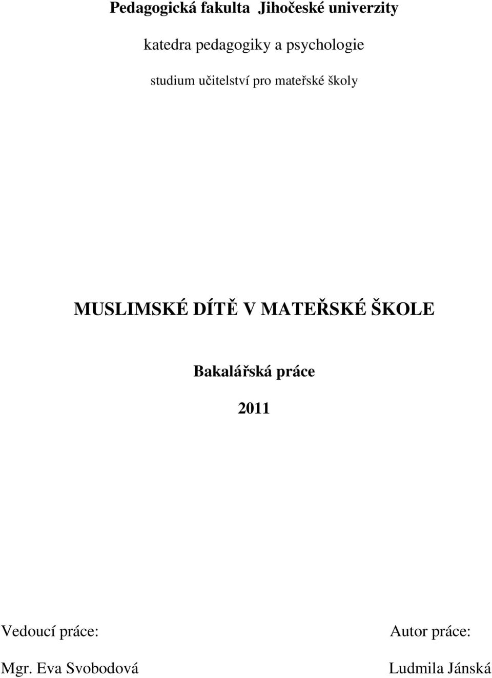 školy MUSLIMSKÉ DÍTĚ V MATEŘSKÉ ŠKOLE Bakalářská práce