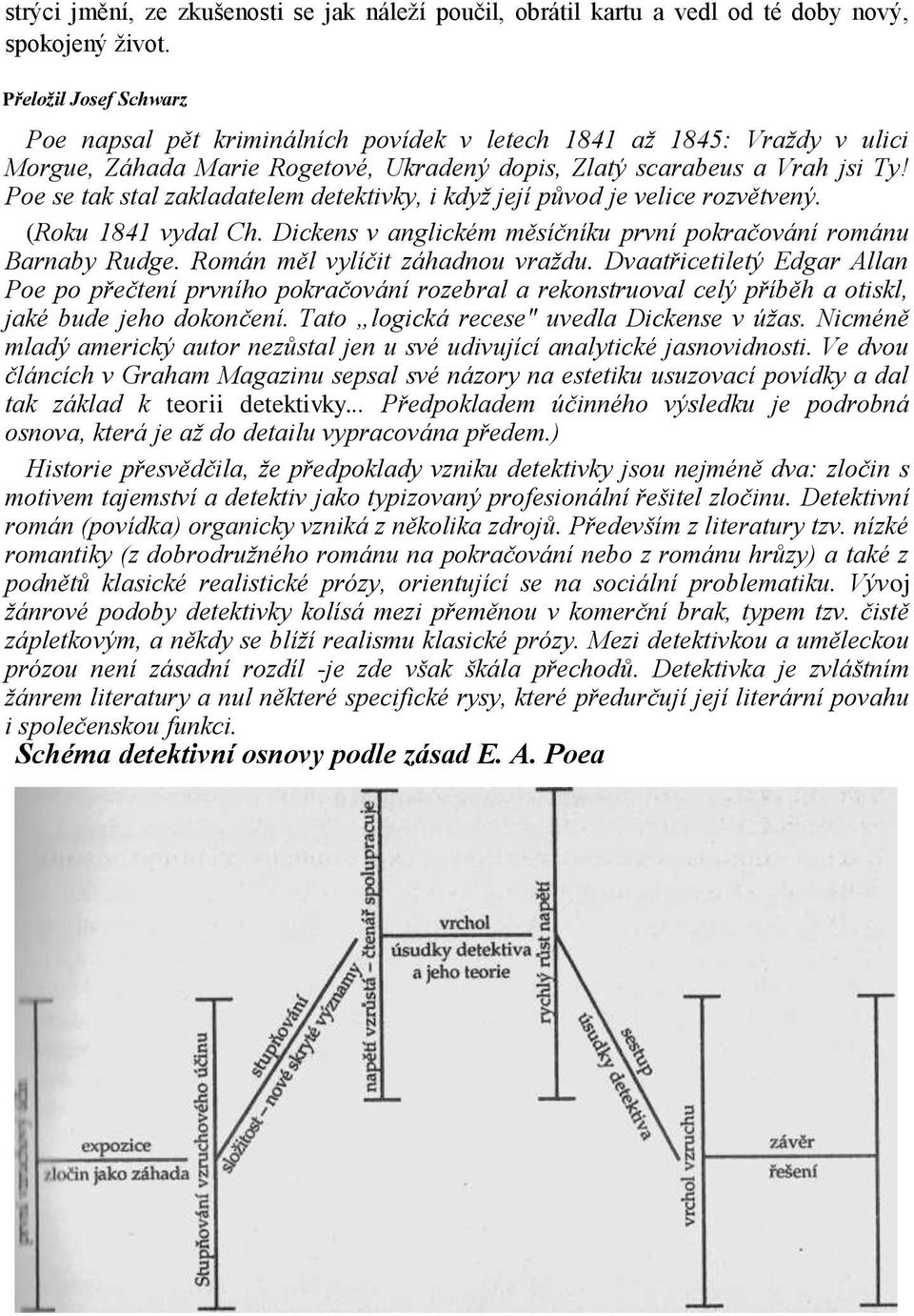 Poe se tak stal zakladatelem detektivky, i když její původ je velice rozvětvený. (Roku 1841 vydal Ch. Dickens v anglickém měsíčníku první pokračování románu Barnaby Rudge.