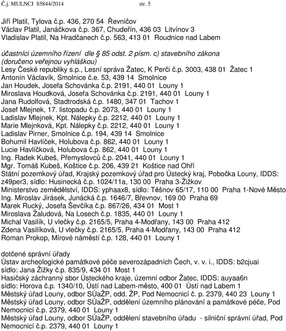 p. 2191, 440 01 Louny 1 Miroslava Houdková, Josefa Schovánka č.p. 2191, 440 01 Louny 1 Jana Rudolfová, Stadtrodská č.p. 1480, 347 01 Tachov 1 Josef Mlejnek, 17. listopadu č.p. 2073, 440 01 Louny 1 Ladislav Mlejnek, Kpt.
