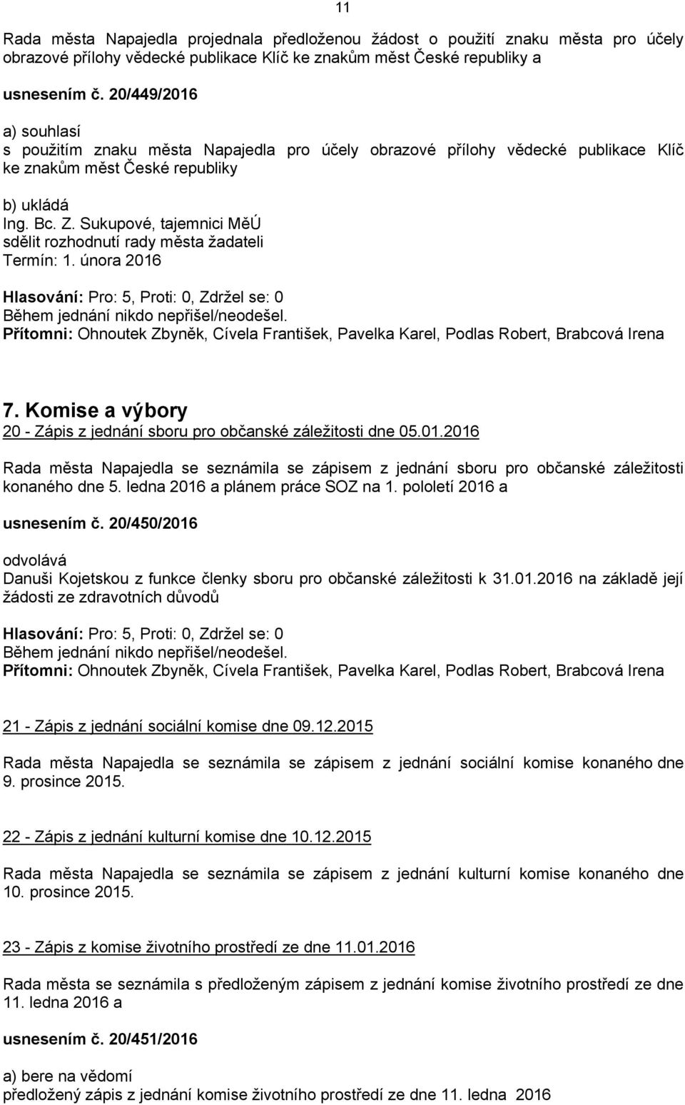Sukupové, tajemnici MěÚ sdělit rozhodnutí rady města žadateli Termín: 1. února 2016 Přítomni: Ohnoutek Zbyněk, Cívela František, Pavelka Karel, Podlas Robert, Brabcová Irena 7.