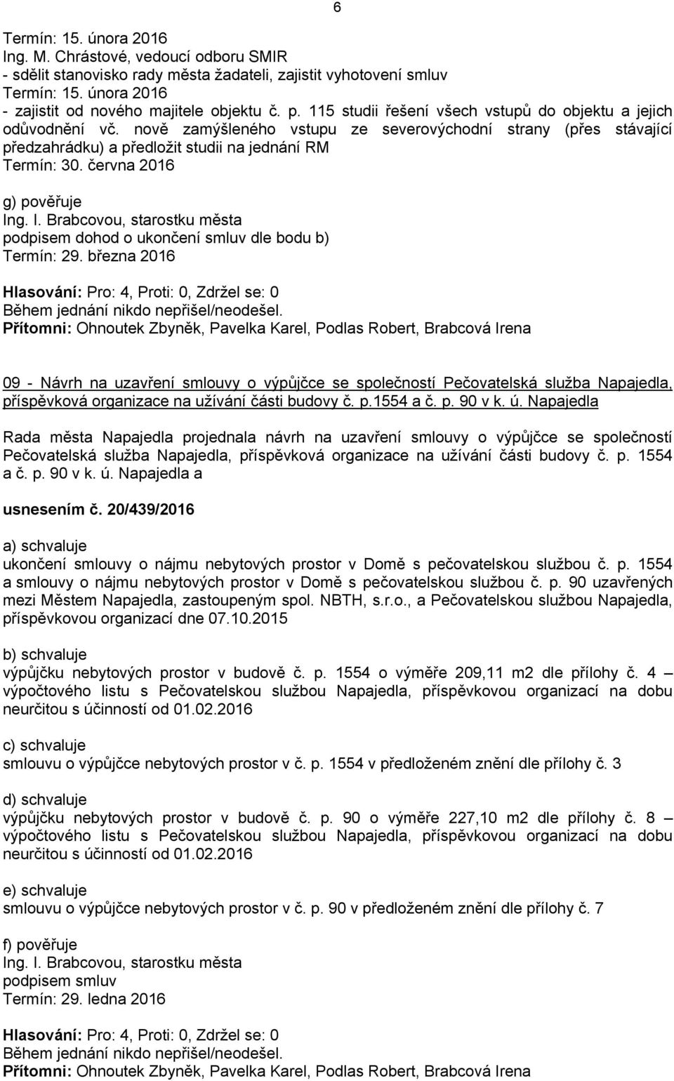 června 2016 g) pověřuje Ing. I. Brabcovou, starostku města podpisem dohod o ukončení smluv dle bodu b) Termín: 29.