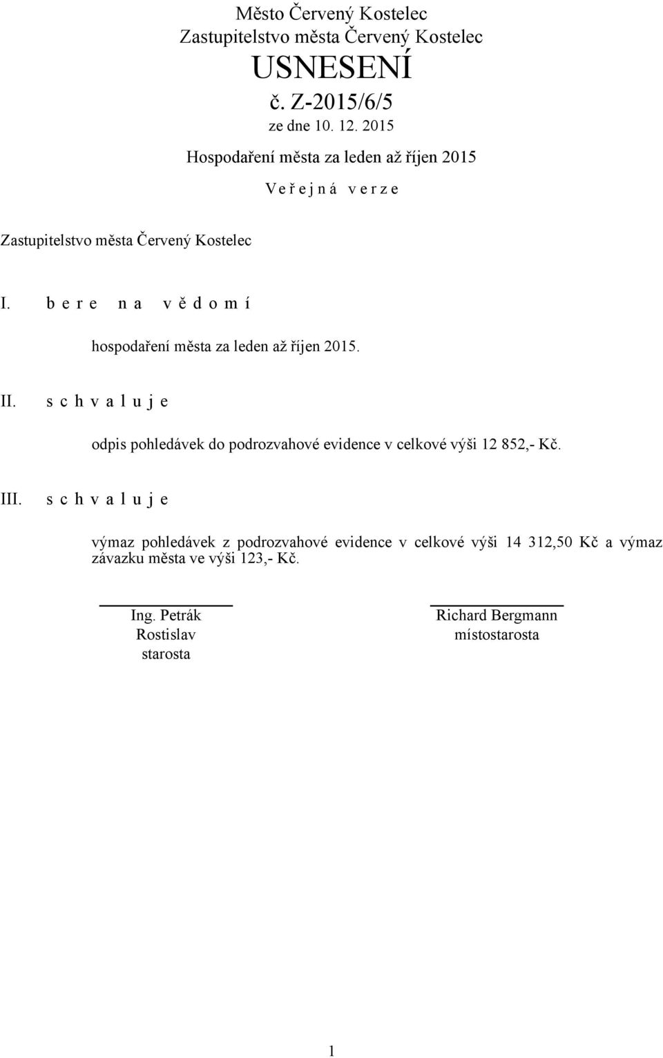 odpis pohledávek do podrozvahové evidence v celkové výši 12 852,- Kč. III.