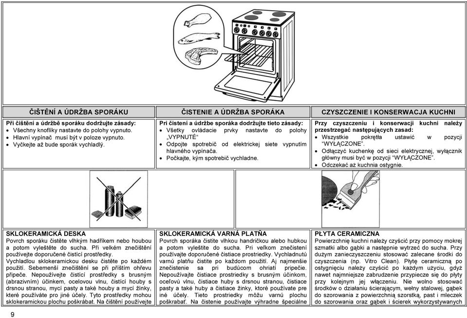 Pri čistení a údržbe sporáka dodržujte tieto zásady: Všetky ovládacie prvky nastavte do polohy VYPNUTÉ Odpojte spotrebič od elektrickej siete vypnutím hlavného vypínača.