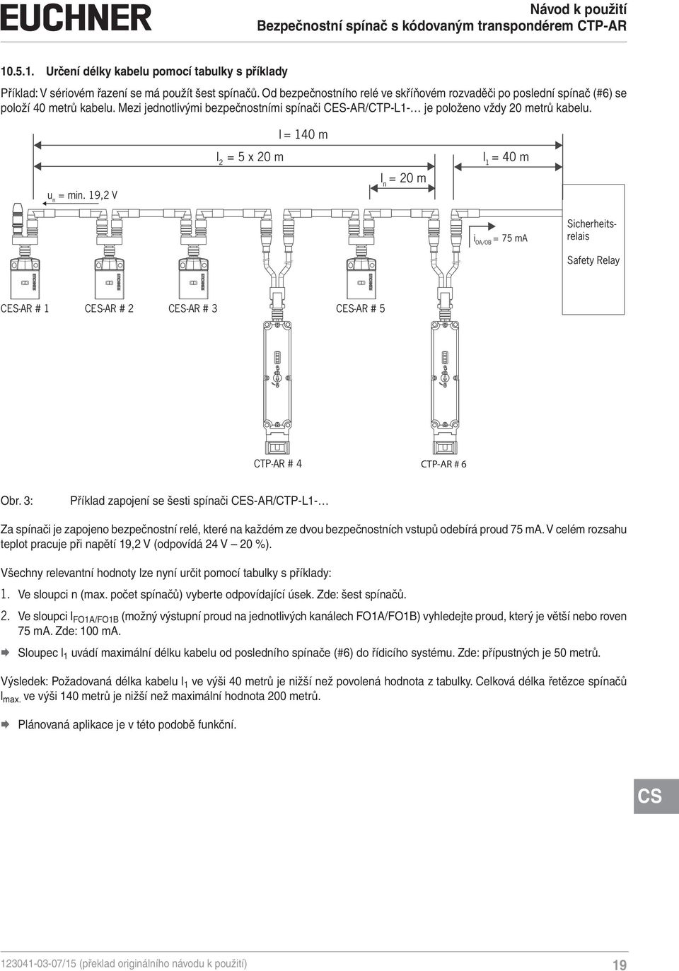 l = 140 m l 2 = 5 x 20 m l 1 = 40 m l n = 20 m u n = min. 19,2 V i OA/OB = 75 ma Sicherheitsrelais Safety Relay CES-AR # 1 CES-AR # 2 CES-AR # 3 CES-AR # 5 CTP-AR # 4 CTP-AR # 6 Obr.