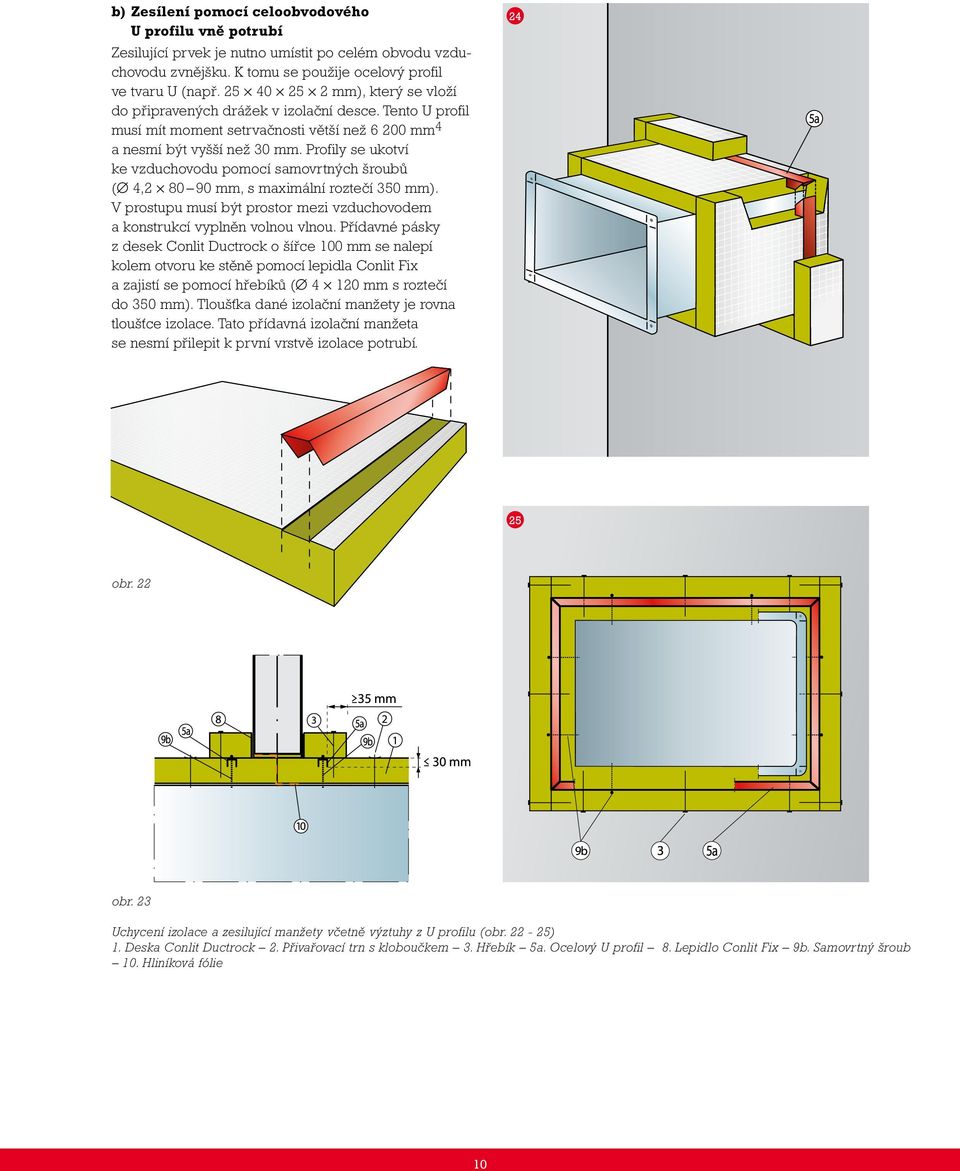 Profily se ukotví ke vzduchovodu pomocí samovrtných šroubů ( 4,2 80 90 mm, s maximální roztečí 350 mm). V prostupu musí být prostor mezi vzduchovodem a konstrukcí vyplněn volnou vlnou.