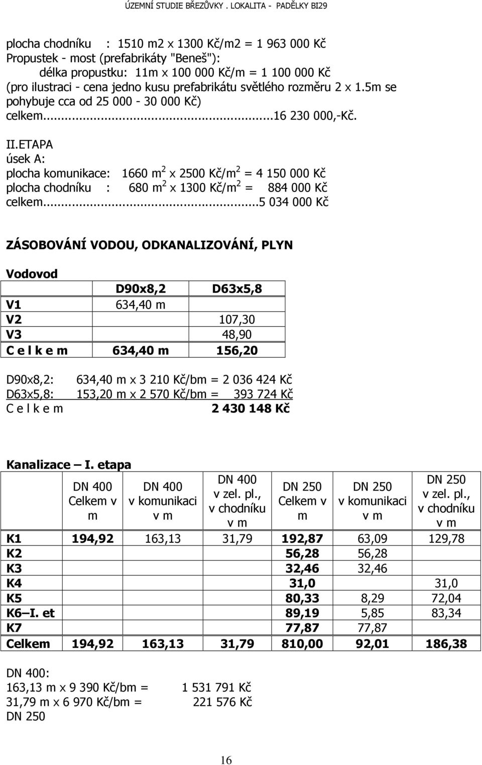 ETAPA úsek A: plocha komunikace: 1660 m 2 x 2500 Kč/m 2 = 4 150 000 Kč plocha chodníku : 680 m 2 x 1300 Kč/m 2 = 884 000 Kč celkem.