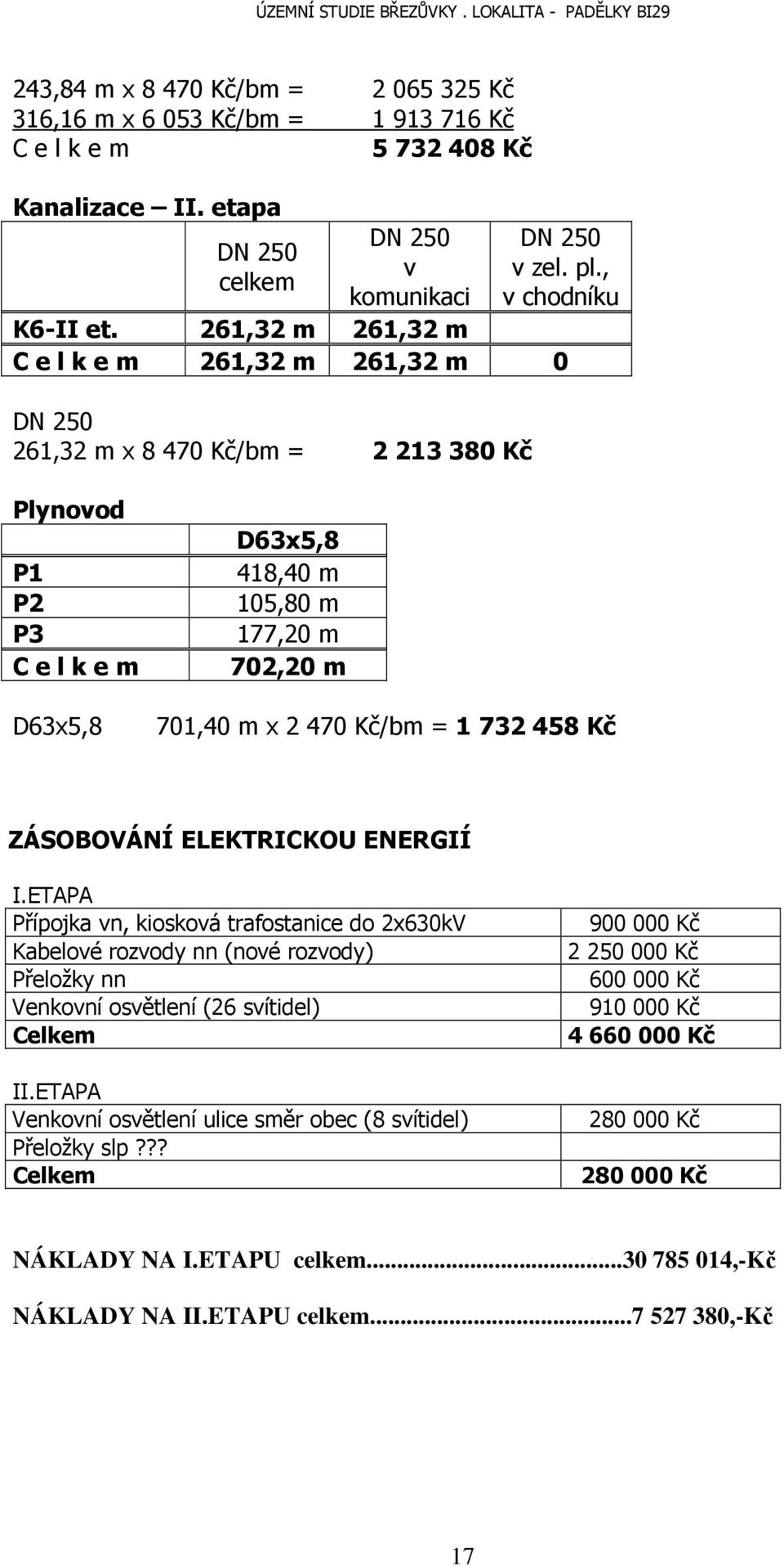 = 1732458 Kč ZÁSOBOVÁNÍ ELEKTRICKOU ENERGIÍ I.ETAPA Přípojka vn, kiosková trafostanice do 2x630kV Kabelové rozvody nn (nové rozvody) Přeložky nn Venkovní osvětlení (26 svítidel) Celkem II.