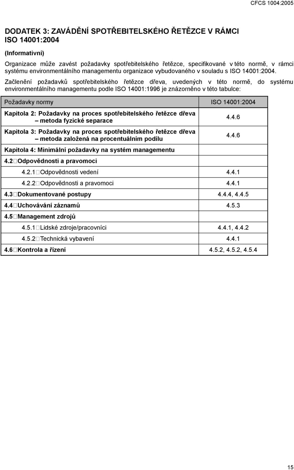 Začlenění požadavků spotřebitelského řetězce dřeva, uvedených v této normě, do systému environmentálního managementu podle ISO 14001:1996 je znázorněno v této tabulce: Požadavky normy ISO 14001:2004