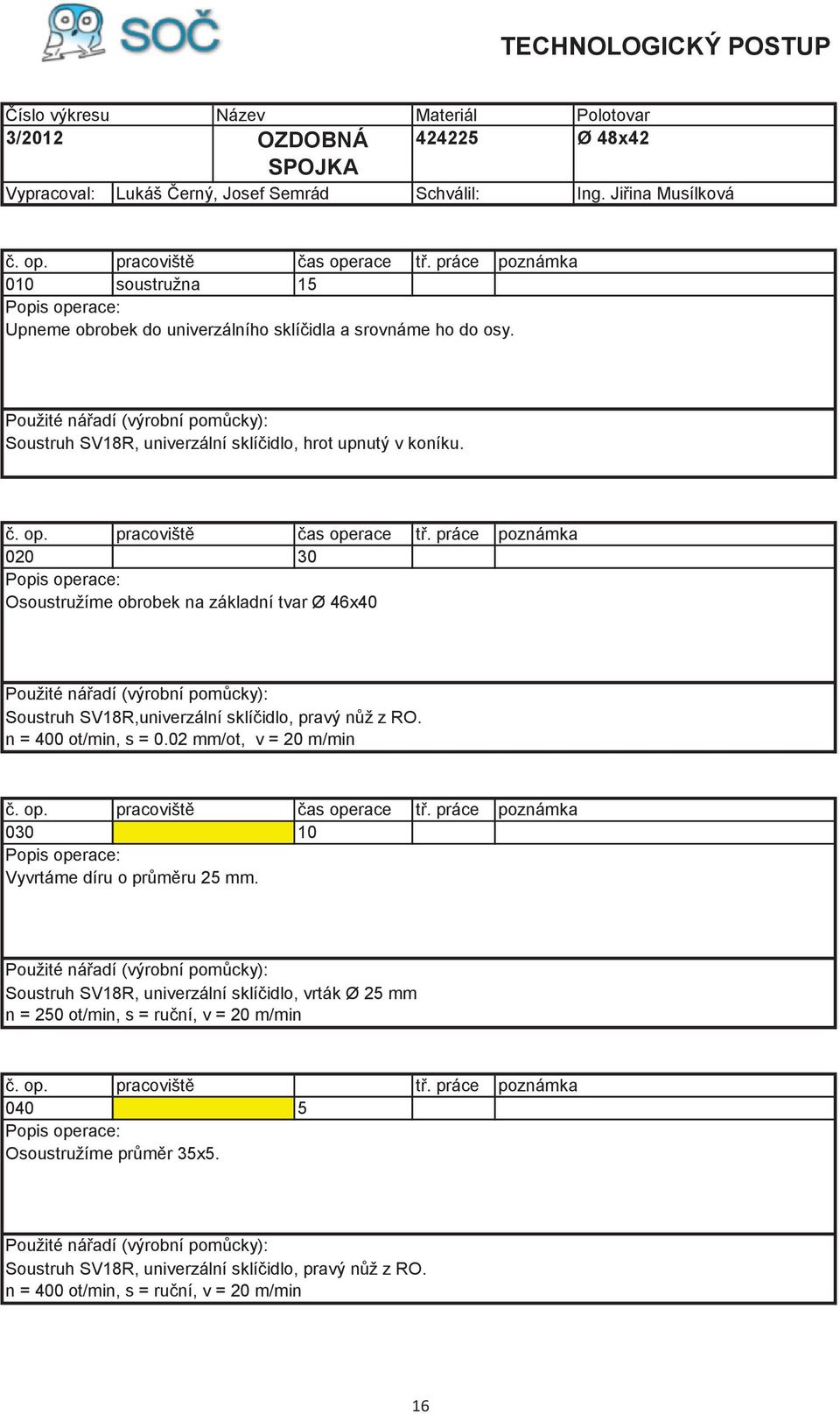 020 30 Osoustružíme obrobek na základní tvar Ø 46x40 m Soustruh SV18R,univerzální sklíčidlo, pravý nůž z RO. n = 400 ot/min, s = 0.