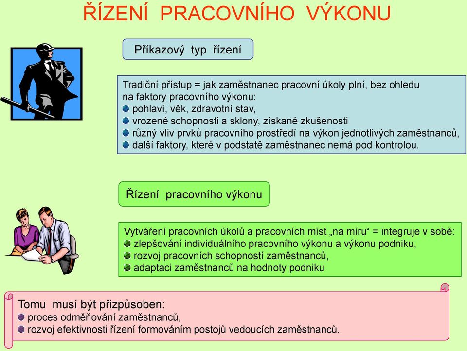 Řízení pracovního výkonu Vytváření pracovních úkolů a pracovních míst na míru = integruje v sobě: zlepšování individuálního pracovního výkonu a výkonu podniku, rozvoj pracovních