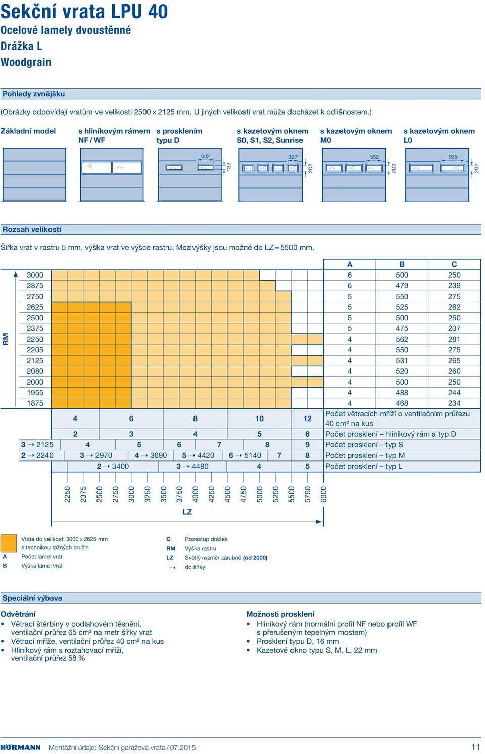 vrat v rastru 5 mm, výška vrat ve výšce rastru. Mezivýšky jsou možné do = 5500 mm.