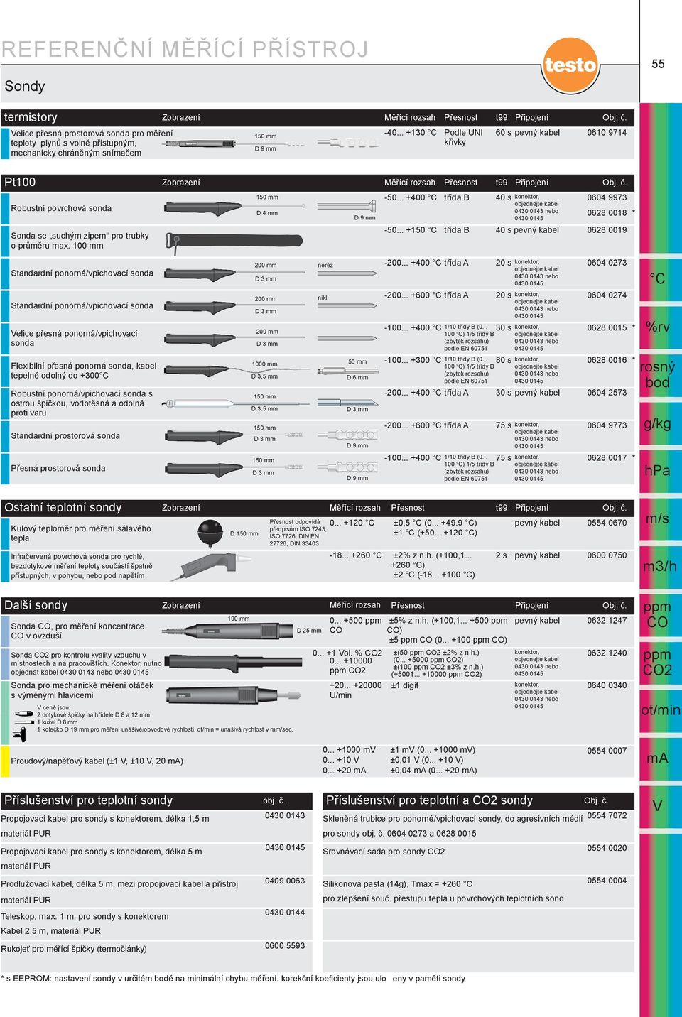 .. +400 tøída B 40 s konektor, 0604 9973 Robustní povrchová sonda D 4 mm D 9 mm 0628 0018 * Sonda se suchým zipem pro trubky -50... +150 tøída B 40 s pevný kabel 0628 0019 o prùmìru max.