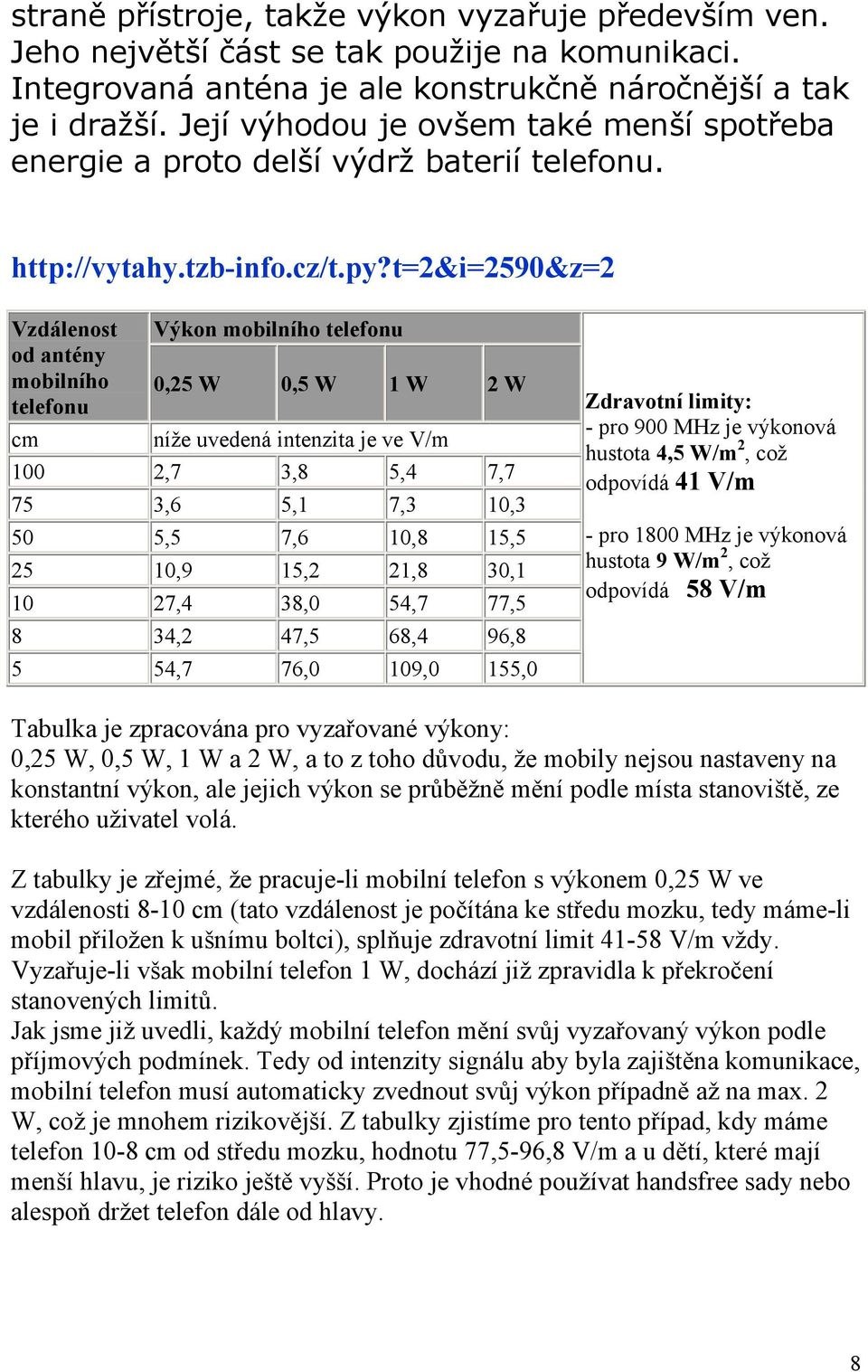 t=2&i=2590&z=2 Vzdálenost od antény mobilního telefonu cm Výkon mobilního telefonu 0,25 W 0,5 W 1 W 2 W níže uvedená intenzita je ve V/m 100 2,7 3,8 5,4 7,7 75 3,6 5,1 7,3 10,3 50 5,5 7,6 10,8 15,5