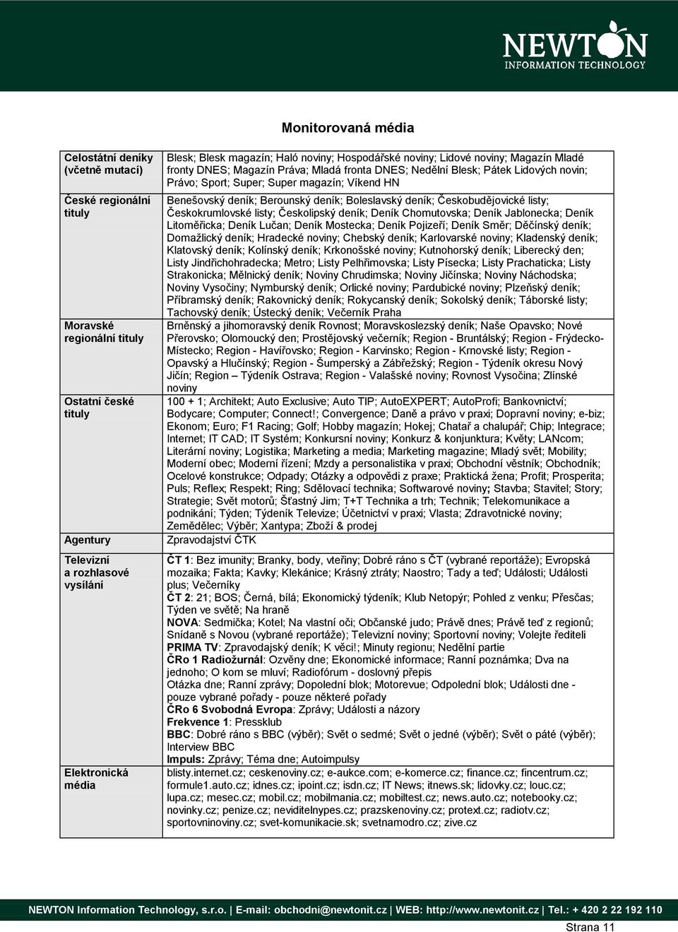 HN Benešovský deník; Berounský deník; Boleslavský deník; Českobudějovické listy; Českokrumlovské listy; Českolipský deník; Deník Chomutovska; Deník Jablonecka; Deník Litoměřicka; Deník Lučan; Deník