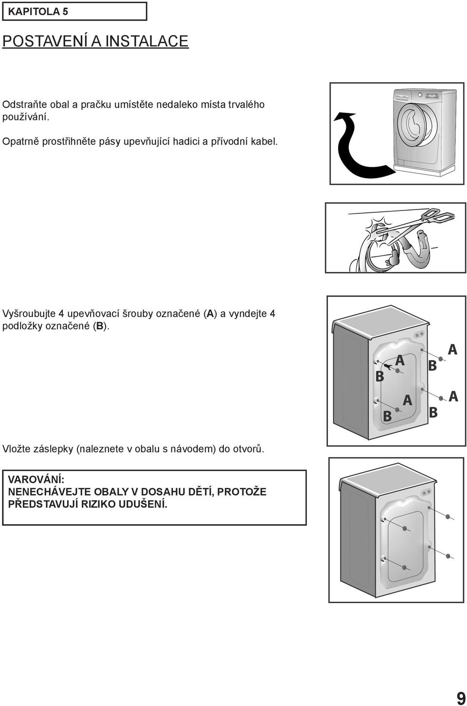 Vyšroubujte 4 upevňovací šrouby označené (A) a vyndejte 4 podložky označené (B).