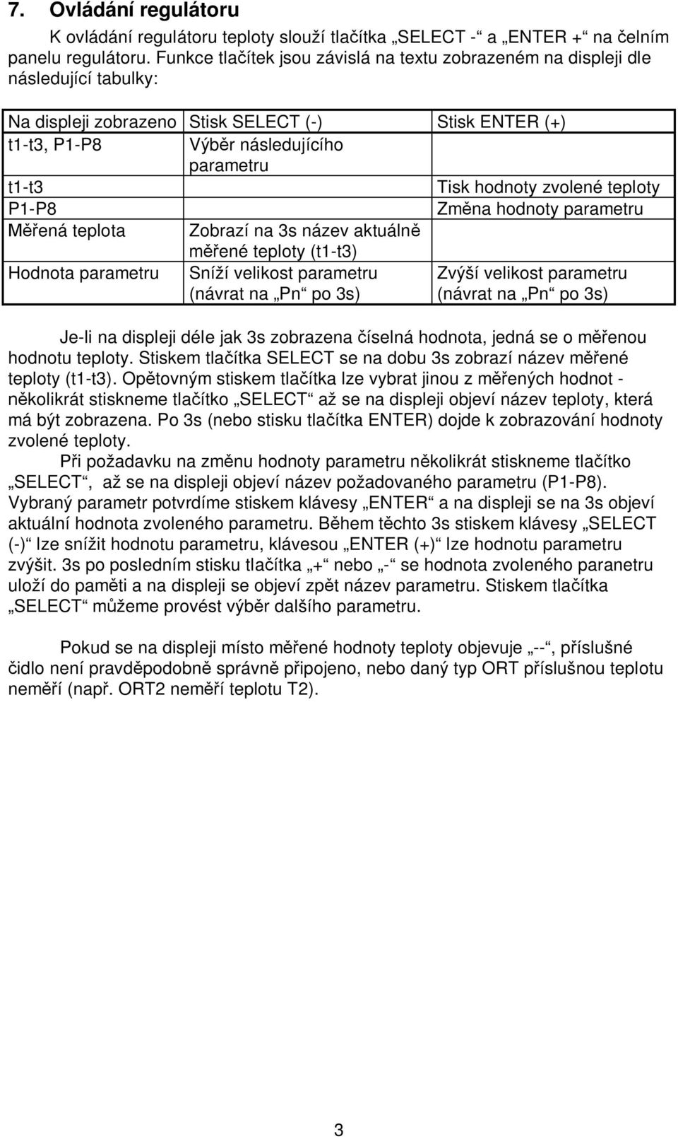 hodnoty zvolené teploty P1-P8 Zm na hodnoty parametru ená teplota Zobrazí na 3s název aktuáln ené teploty (t1-t3) Hodnota parametru Sníží velikost parametru (návrat na Pn po 3s) Zvýší velikost