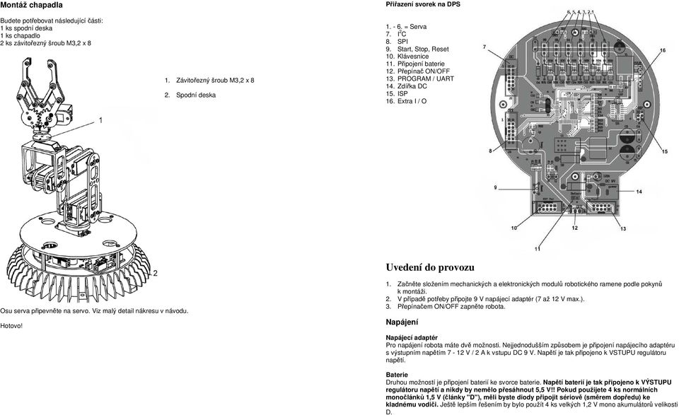Extra I / O Uvedení do provozu Osu serva připevněte na servo. Viz malý detail nákresu v návodu. Hotovo! 1.