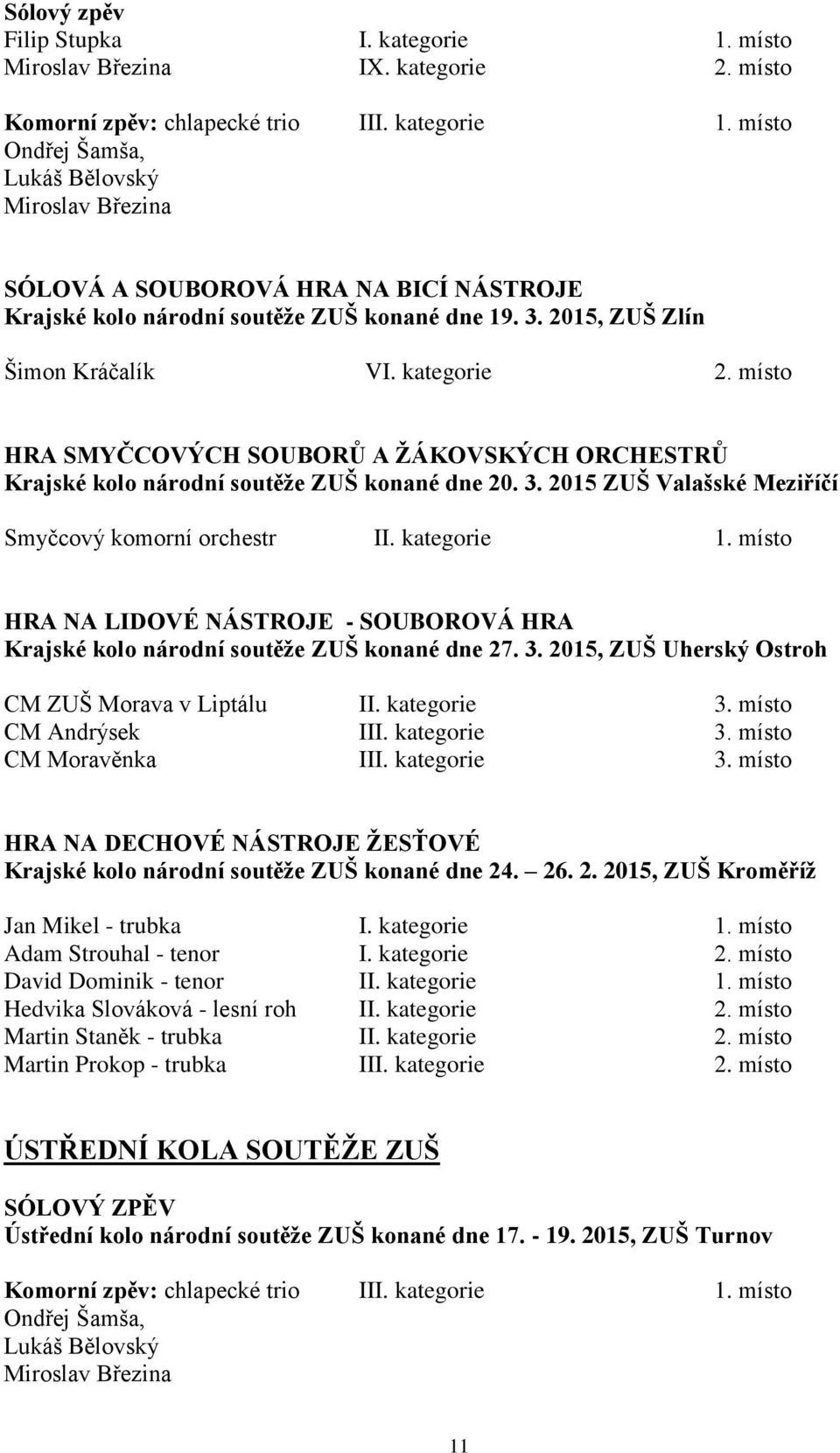 2015 ZUŠ Valašské Meziříčí Smyčcový komorní orchestr II. kategorie 1. místo HRA NA LIDOVÉ NÁSTROJE - SOUBOROVÁ HRA Krajské kolo národní soutěže ZUŠ konané dne 27. 3.