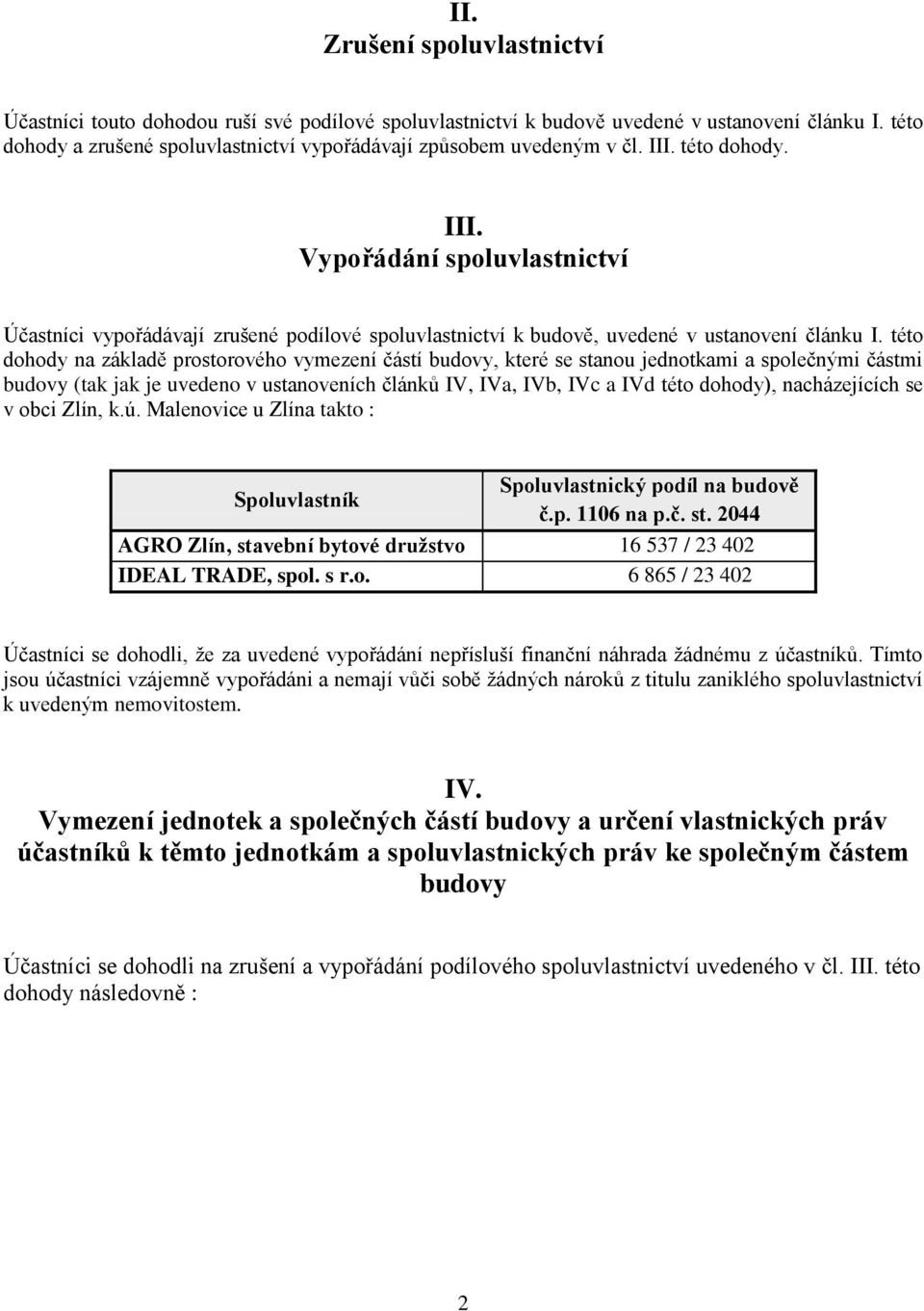 této dohody. III. Vypořádání spoluvlastnictví Účastníci vypořádávají zrušené podílové spoluvlastnictví k budově, uvedené v ustanovení článku I.