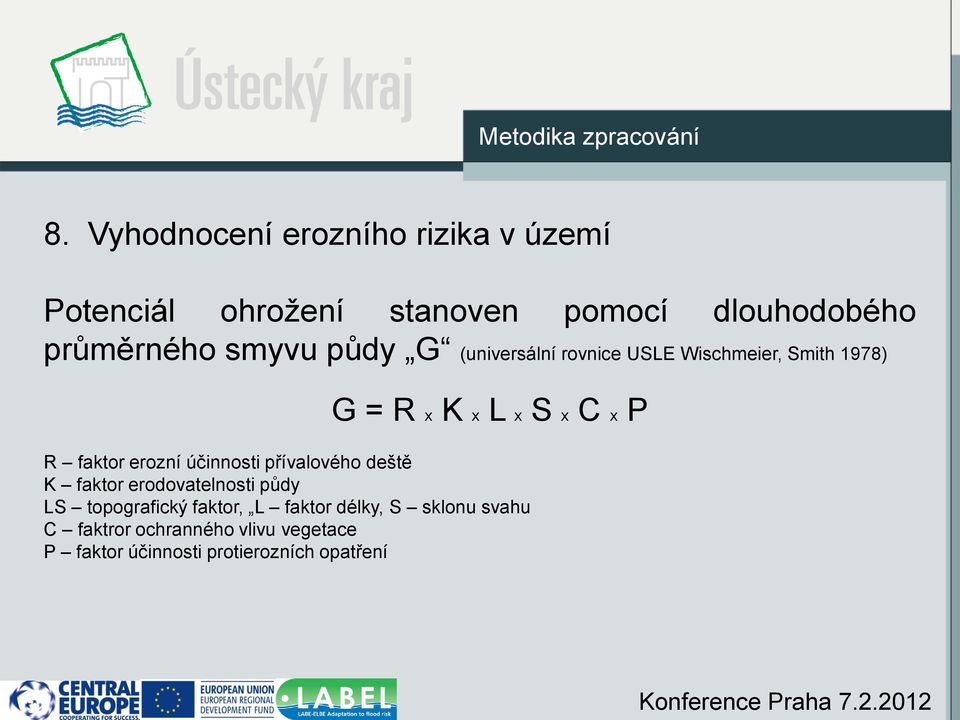 půdy G (universální rovnice USLE Wischmeier, Smith 1978) G = R x K x L x S x C x P R faktor erozní