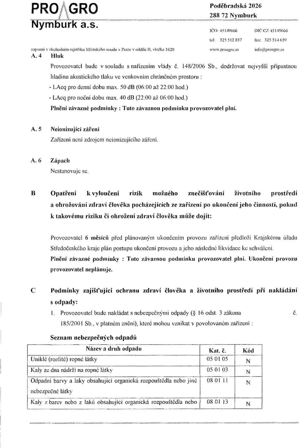 , dodržovat nejvyšší přípustnou hladinu akustického tlaku vc venkovním chráněném prostoru : - LAcq pro denní dobu max. 50 db (06:00 až 22:00 hod.) - LAcq pro noční dobu max. 40 db (22:00 až 06:00 hod.