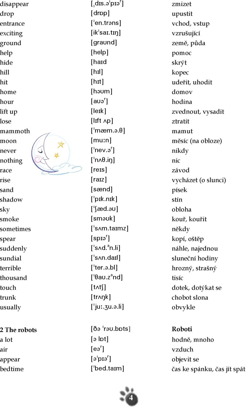 q \ hodina lift up ZkdHj\ zvednout, vysadit lose ZkHesUo\ ztratit mammoth Z!lzl-?-S\ mamut moon Zlt9m\ měsíc (na obloze) never Z!mdu-? q \ nikdy nothing Z!