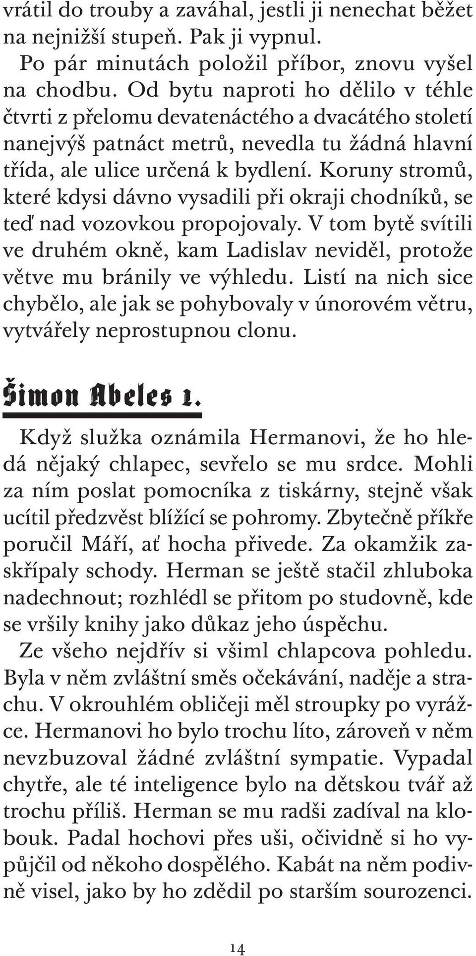 Koruny stromů, které kdysi dávno vysadili při okraji chodníků, se teď nad vozovkou propojovaly. V tom bytě svítili ve druhém okně, kam Ladislav neviděl, protože větve mu bránily ve výhledu.