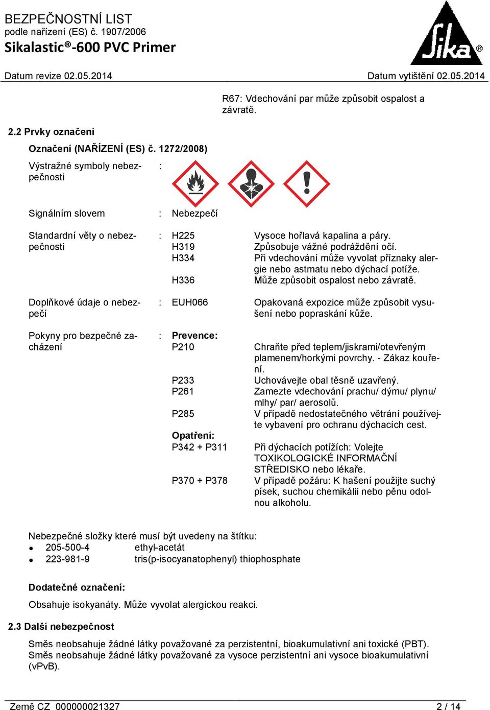 H334 Při vdechování může vyvolat příznaky alergie nebo astmatu nebo dýchací potíže. H336 Může způsobit ospalost nebo závratě. : EUH066 Opakovaná expozice může způsobit vysušení nebo popraskání kůže.