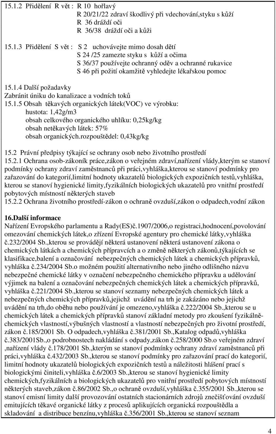 rozpouštědel: 0,43kg/kg 15.2 