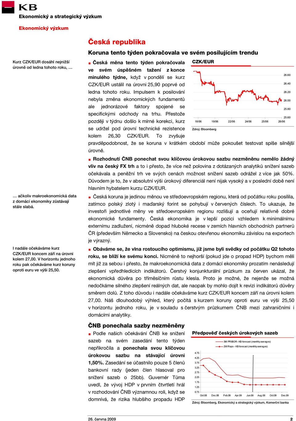 Česká měna tento týden pokračovala ve svém úspěšném tažení z konce minulého týdne, když v pondělí se kurz CZK/EUR ustálil na úrovni 25,90 poprvé od ledna tohoto roku.