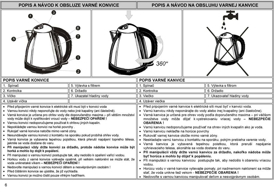 Uzáver viečka Před připojením varné konvice k elektrické síti musí být v konvici voda Varnou konvici nikdy neponořujte do vody nebo jiné kapaliny (ani částečně).