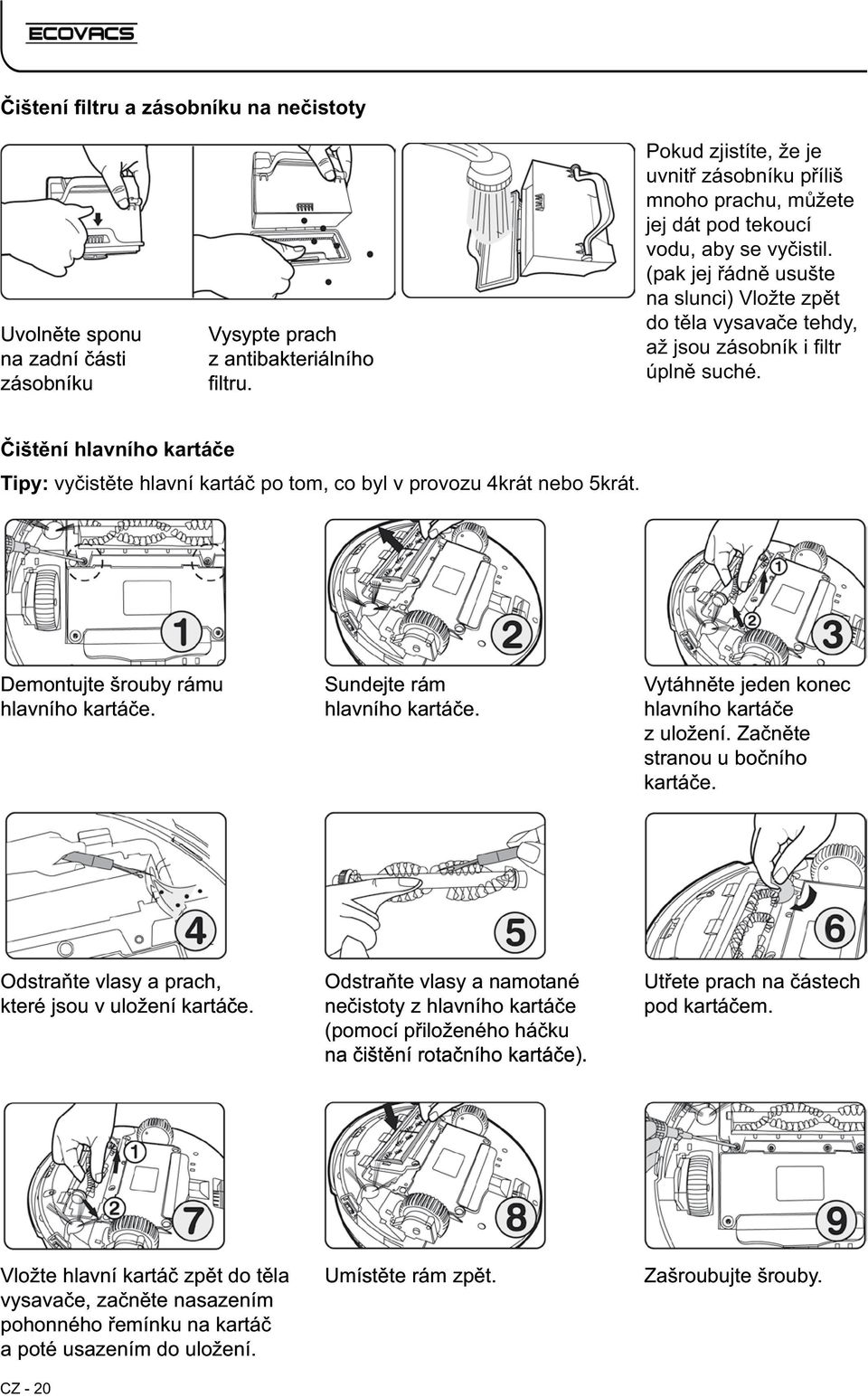 (pak jej řádně usušte na slunci) Vložte zpět do těla vysavače tehdy, až jsou zásobník i filtr úplně suché.