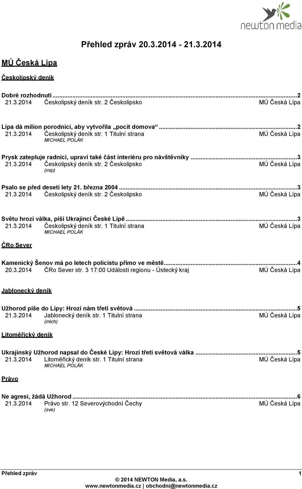 1 Titulní strana MICHAEL POLÁK Prysk zatepluje radnici, upraví také část interiéru pro návštěvníky... 3 21.3.2014 Českolipský deník str. 2 Českolipsko (mip) Psalo se před deseti lety 21. března 2004.