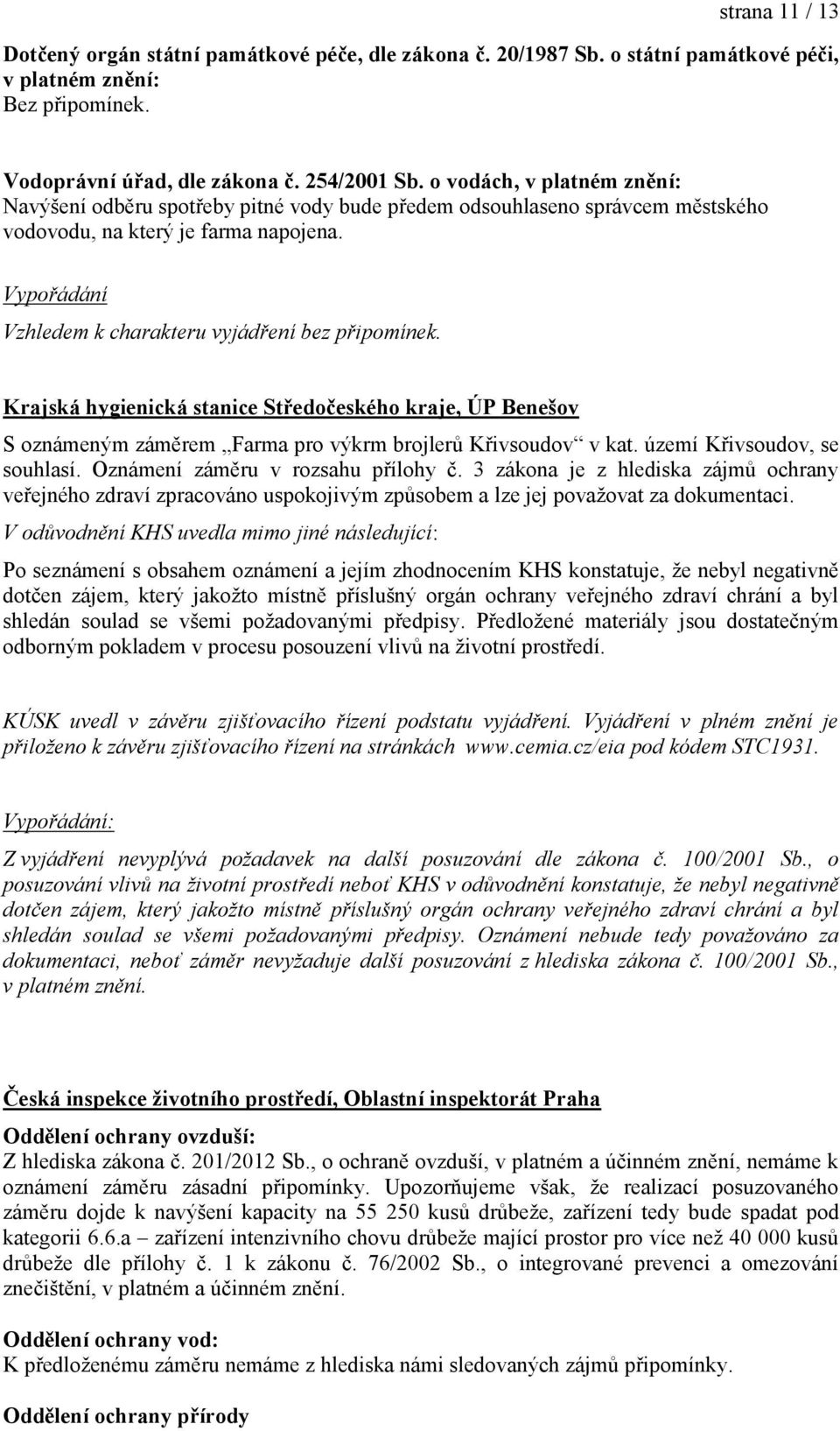 Vypořádání Vzhledem k charakteru vyjádření bez připomínek. Krajská hygienická stanice Středočeského kraje, ÚP Benešov S oznámeným záměrem Farma pro výkrm brojlerů Křivsoudov v kat.