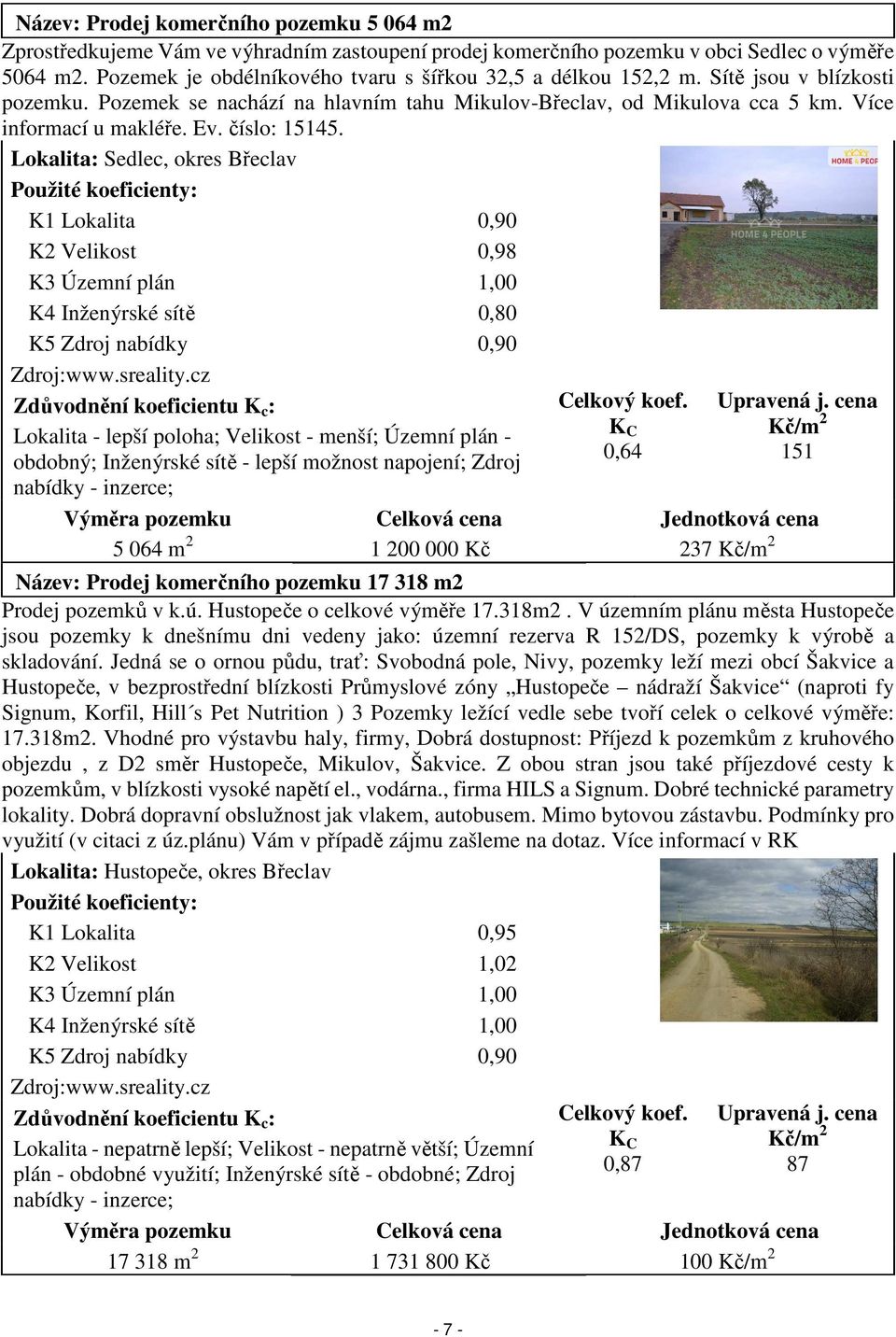 číslo: 15145. Lokalita: Sedlec, okres Břeclav Použité koeficienty: K1 Lokalita 0,90 K2 Velikost 0,98 K3 Územní plán 1,00 K4 Inženýrské sítě 0,80 K5 Zdroj nabídky 0,90 Zdroj:www.sreality.