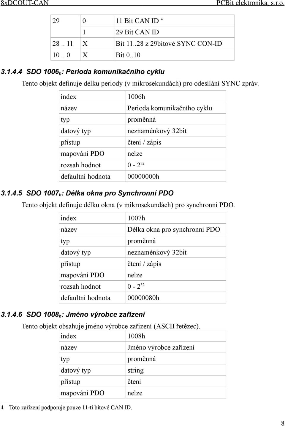 5 SDO 1007 h : Délka okna pro Synchronní PDO Tento objekt definuje délku okna (v mikrosekundách) pro synchronní PDO.