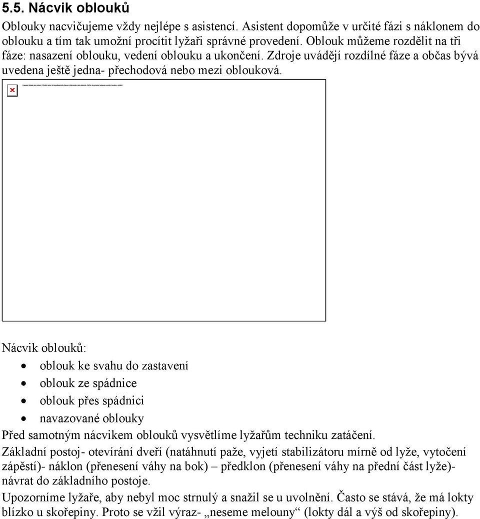 Nácvik oblouků: oblouk ke svahu do zastavení oblouk ze spádnice oblouk přes spádnici navazované oblouky Před samotným nácvikem oblouků vysvětlíme lyžařům techniku zatáčení.