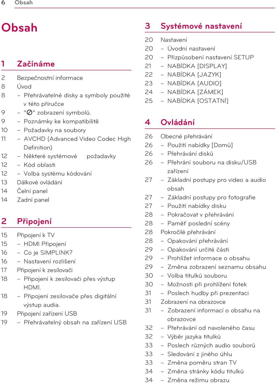 Čelní panel 14 Zadní panel 2 Připojení 15 Připojení k TV 15 HDMI Připojení 16 Co je SIMPLINK? 16 Nastavení rozlišení 17 Připojení k zesilovači 18 Připojení k zesilovači přes výstup HDMI.