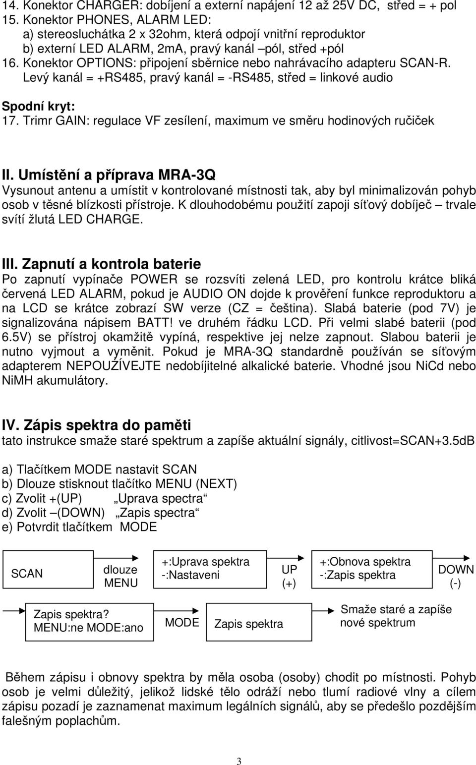 Konektor OPTIONS: připojení sběrnice nebo nahrávacího adapteru SCAN-R. Levý kanál = +RS485, pravý kanál = -RS485, střed = linkové audio Spodní kryt: 17.