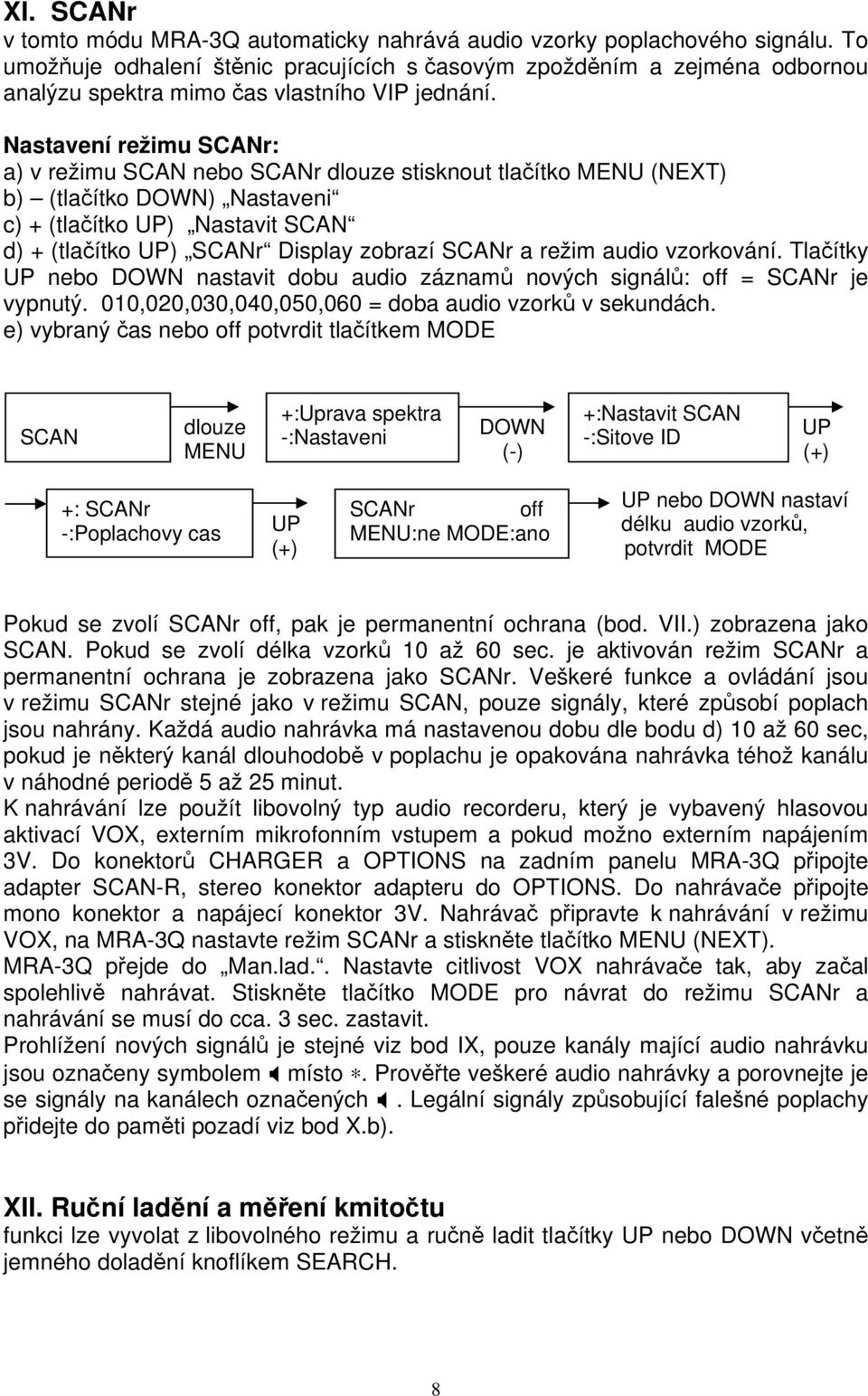 Nastavení režimu SCANr: a) v režimu SCAN nebo SCANr dlouze stisknout tlačítko MENU (NEXT) b) (tlačítko DOWN) Nastaveni c) + (tlačítko UP) Nastavit SCAN d) + (tlačítko UP) SCANr Display zobrazí SCANr