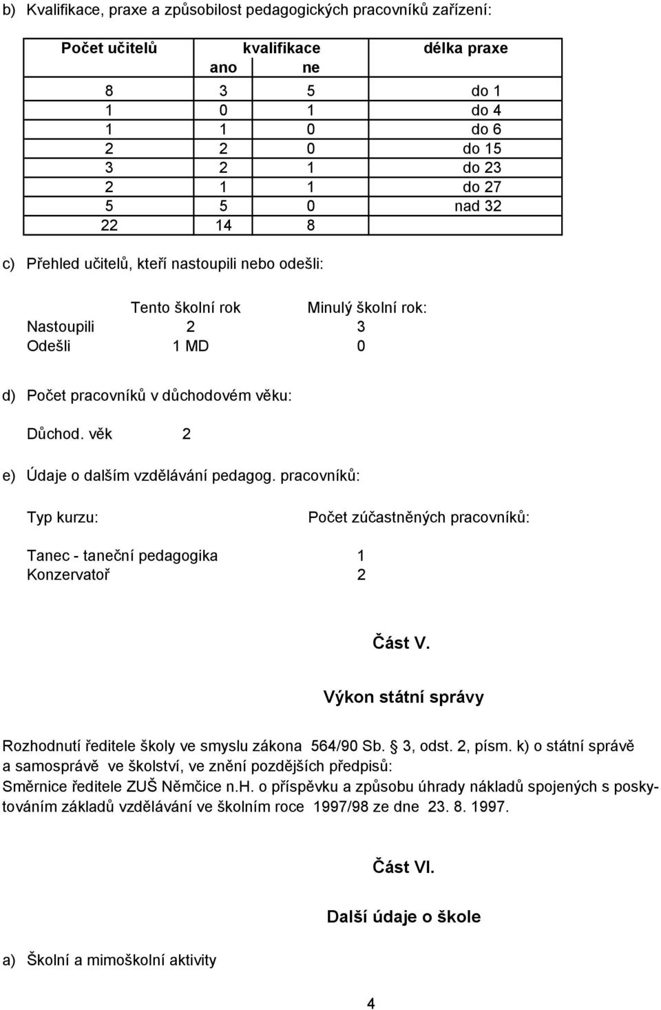 věk 2 e) Údaje o dalším vzdělávání pedagog. pracovníků: Typ kurzu: Počet zúčastněných pracovníků: Tanec - taneční pedagogika 1 Konzervatoř 2 Část V.