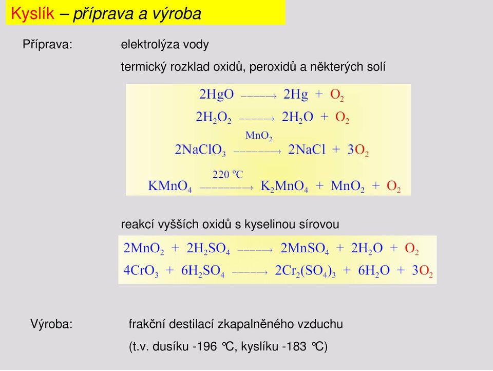 vyšších oxidů s kyselinou sírovou Výroba: frakční