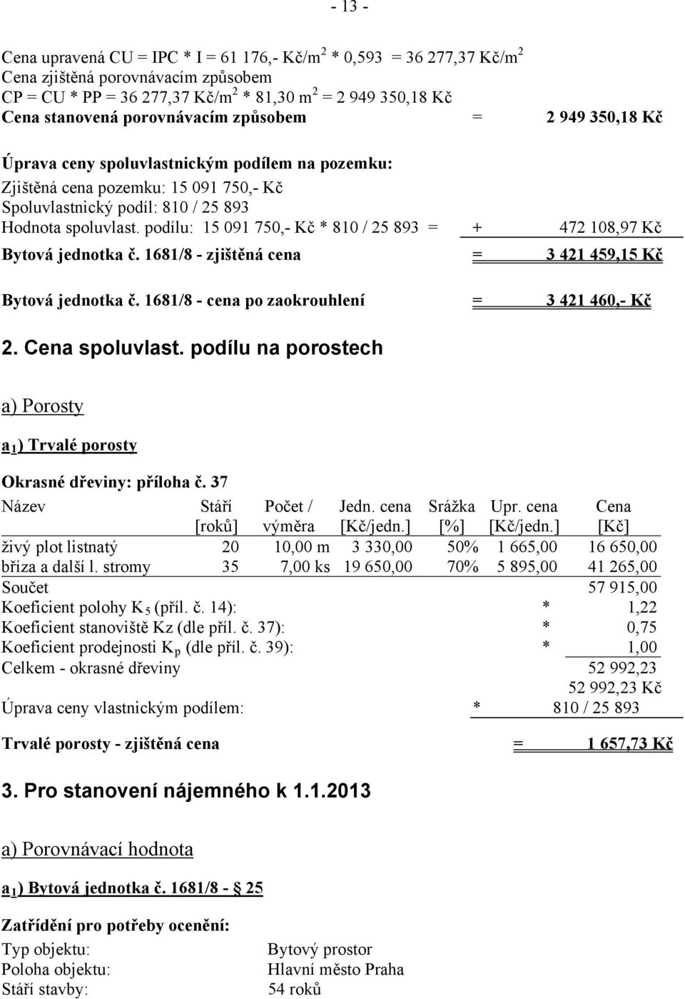 podílu: 15 091 750,- Kč * 810 / 25 893 = + 472 108,97 Kč Bytová jednotka č. 1681/8 - zjištěná cena = 3 421 459,15 Kč Bytová jednotka č. 1681/8 - cena po zaokrouhlení = 3 421 460,- Kč 2.