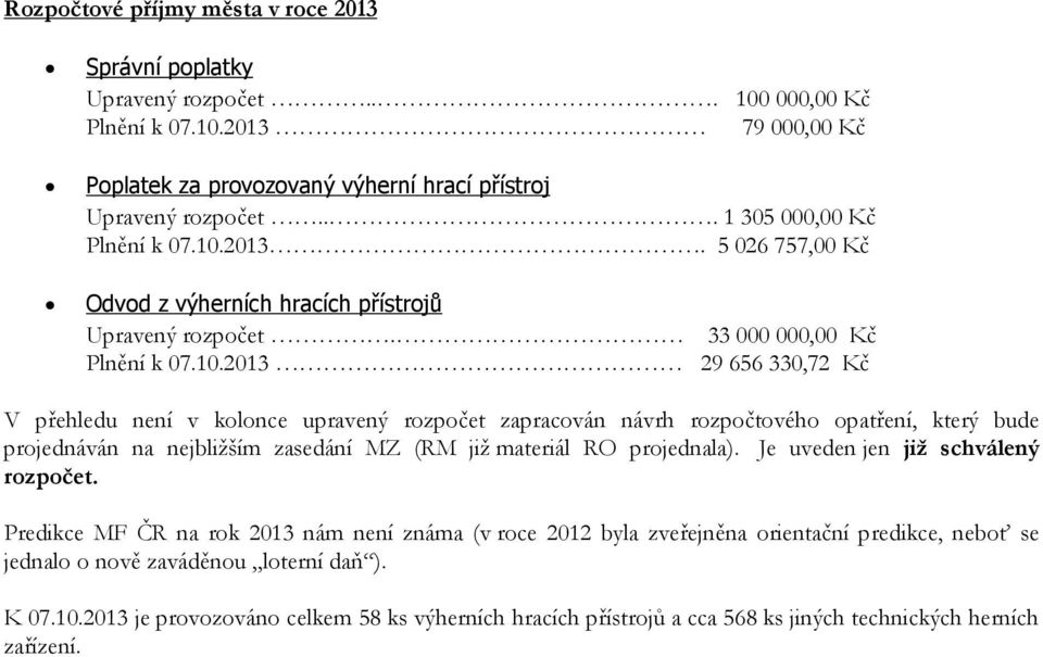 2013. 5 026 757,00 Kč Odvod z výherních hracích přístrojů Upravený rozpočet. 33 000 000,00 Kč Plnění k 07.10.