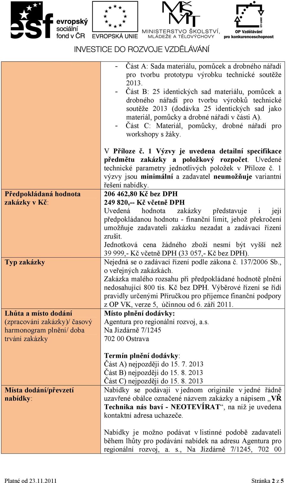 - Část C: Materiál, pomůcky, drobné nářadí pro workshopy s žáky.