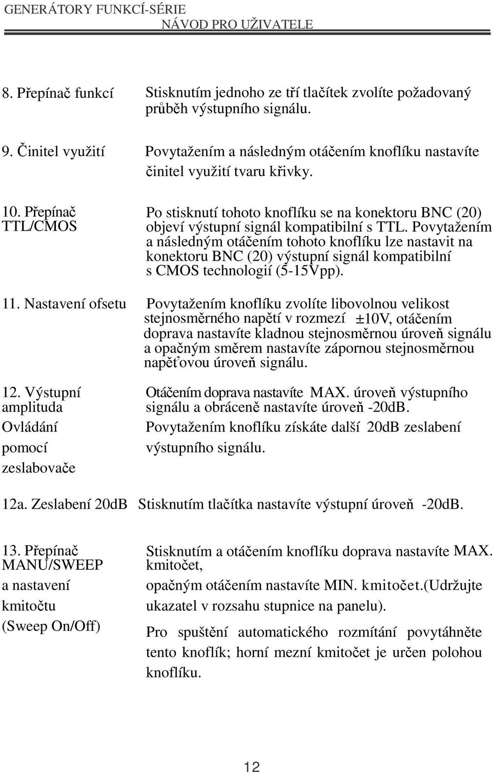 Povytažením a následným otáčením tohoto knoflíku lze nastavit na konektoru BNC (20) výstupní signál kompatibilní s CMOS technologií (5-15Vpp). 11.