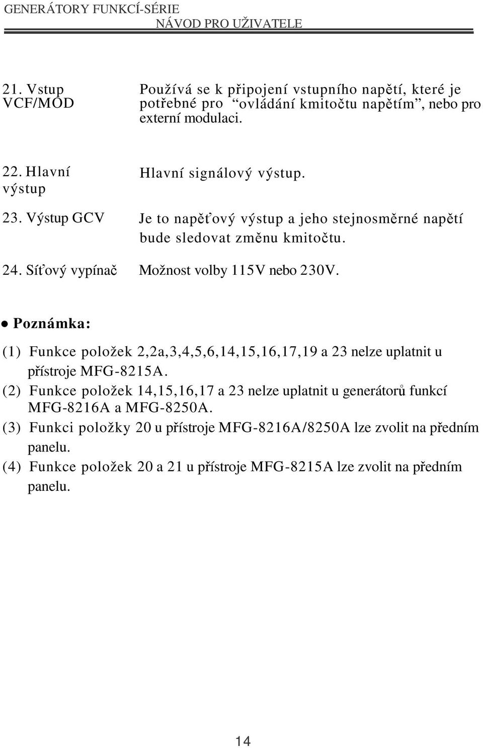 Síťový vypínač Možnost volby 115V nebo 230V. Poznámka: (1) Funkce položek 2,2a,3,4,5,6,14,15,16,17,19 a 23 nelze uplatnit u přístroje MFG-8215A.