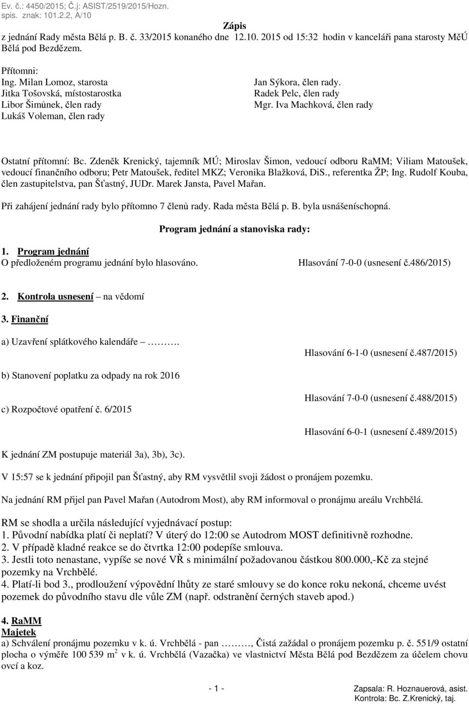 Zdeněk Krenický, tajemník MÚ; Miroslav Šimon, vedoucí odboru RaMM; Viliam Matoušek, vedoucí finančního odboru; Petr Matoušek, ředitel MKZ; Veronika Blažková, DiS., referentka ŽP; Ing.