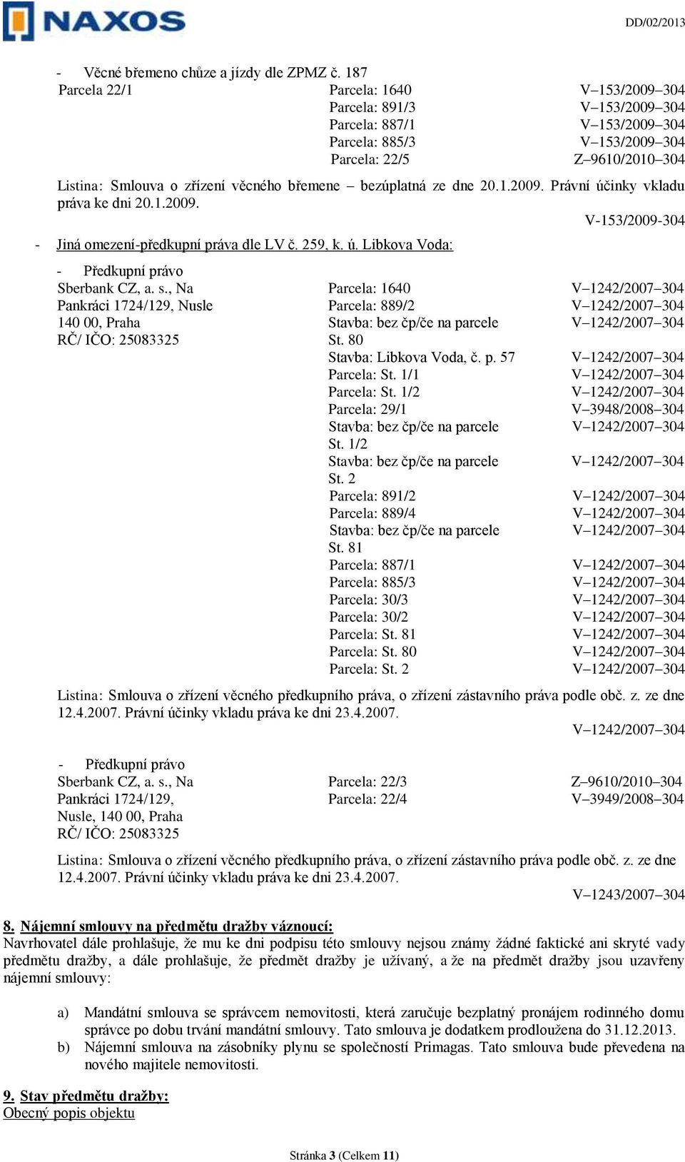 věcného břemene bezúplatná ze dne 20.1.2009. Právní účinky vkladu práva ke dni 20.1.2009. V-153/2009-304 - Jiná omezení-předkupní práva dle LV č. 259, k. ú. Libkova Voda: - Předkupní právo Sberbank CZ, a.