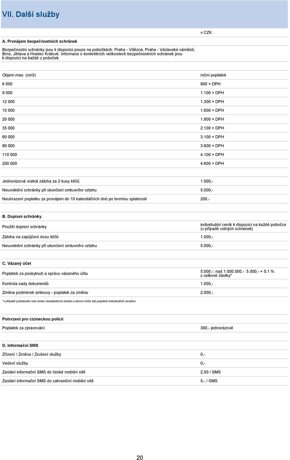 600 + DPH 20 000 1.800 + DPH 35 000 2.100 + DPH 60 000 3.100 + DPH 80 000 3.600 + DPH 110 000 4.100 + DPH 200 000 4.600 + DPH Jednorázová vratná záloha za 2 kusy klíčů 1.